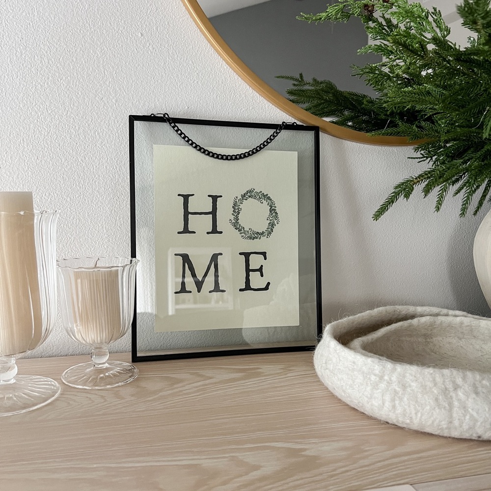 “Home” Glass Wall Art with Wreath Detail